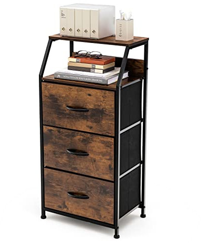 GOPLUS Commode Industriel, Console à 3 Tiroirs Structure en Métal avec 2 Étagères Ouvertes pour Vêtements, Livres et Imprimante, pour Le Bureau et Le Salon, Marron Rustique