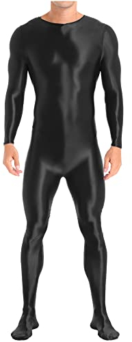 iEFiEL Herren Öl Ganzkörperanzug Langarm Ganzkörper Stretch Overall Einfarbig Glänzende Jumpsuit Leggings Sportanzug Schwarz XL