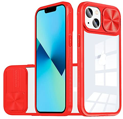 Dqtaoly Coque Transparente pour iphone 13 Case avec Lentille Coulissante Caméra Protection Étui, Antichoc Silicone TPU + PC Dur Housse pour iphone 13(Rouge)