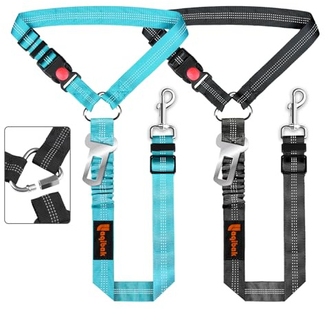 Removable Dog Seat Belt Harness for Car, 3 in 1 Pet Dog Car Seatbelt Leash, Retractable Restraint Secures to Vehicle Headrest & Adjustable Reflective Bungee Dog Seatbelt Tether, Blue and Black