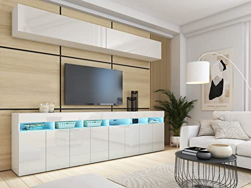 BROMARKT Premium Wohnwand - Modernes Wohnzimmer Set mit 4 Teilen, Hochglanz Weiß
