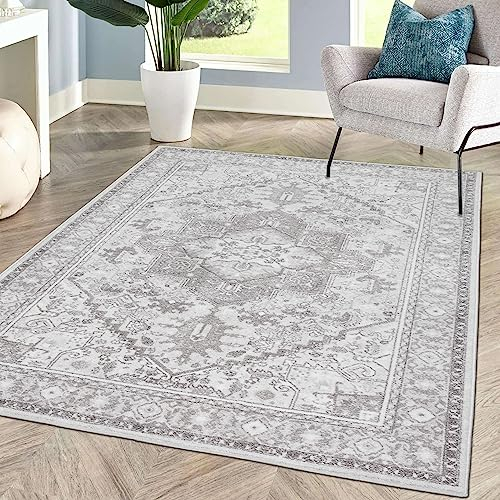 CARPETIA Entspannender Orientteppich Ornament Verzierungen Antirutsch Gang Flur Schlafzimmer gemütlich grau, 120 cm rund