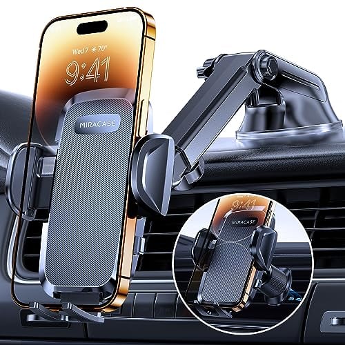 Miracase Car Phone Holder,【Super Suction Cup & Ultra Stable Double Steel-Hook】,360° Rotation Multi-Scene Mobile Phone Mount Cradle for Cars,One-Button Release for all 4.5-7 Smartphone