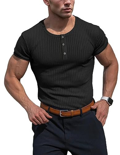 Muhshoiy Men's Cotton Muscle Henley Shirts Slim Fit Short Sleeve T-Shirt Stretchy Casual Stylish Ribbed Tee Black M