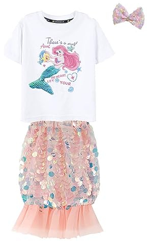 Fancyland Meerjungfrau Glanz Kostüm Mädchen- Meerjungfrau Flosse Glitzer Rock mit T-Shirt Pailletten Baumwolle Set Halloween Karneval (Rosa-c, 140cm)