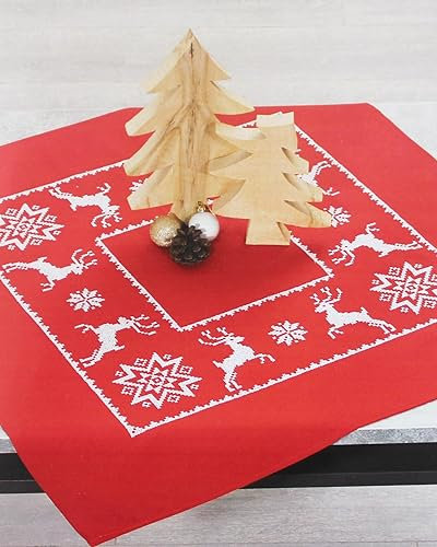 KAMACA Stickpackung Kreuzstich vorgezeichnet Baumwolle komplettes Stickset mit Stickvorlage Stickerei-Kit zum Selbersticken Erwachsene (Rentiere rot MD 72x72 cm)