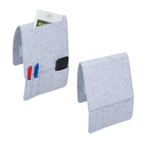 Relaxdays Betttasche, 2er Set, 5 Fächer, Klettverschluss, Aufbewahrung für Bett & Sofa, Bett Organizer, Filz, hellgrau