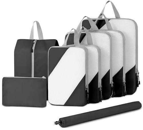 DIMJ Kompressions-Verpackungswürfel, Reise-Organizer, Packwürfel für Handgepäck, Organizer, Packwürfel, Koffer-Organizer, Taschen, Reisezubehör, mit Schuhbeutel und Wäschesack, Schwarz, 8 Stück