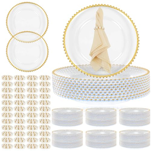 Tioncy 50 Set Clear Charger Plates Bulk Includes 50 Clear Beaded Charger Plates 13 and 50 Napkin Rings Plastic Dinner Table Decorative for Wedding, Party, Tabletop Decoration(Beaded Ring,Gold)