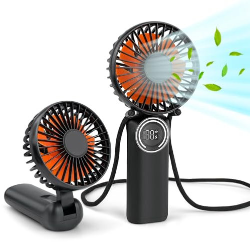 AdrreyuFny Hand Held Fan, Portable Handheld USB Rechargeable Fans with 6 Speeds, Personal Battery Powered Mini Fan Foldable Desk Desktop Fans with Lanyard for Home Travel Office Outdoor