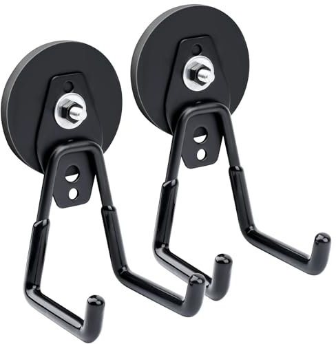 Keukenket Gancio magnetico forte, 66 mm, doppio gancio magnetico con rivestimento antiscivolo e viti di fissaggio per giardino, garage, spazio degli attrezzi (nero, 2 pezzi)