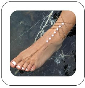 Yheakne Vintage Geschichtet Perle Barfuß Sandalen Kette Perle Zehenring Knöchel Armband Gold Schichtung Quaste Kette Fußkettchen Armband Sommer Perle Fuß Strand Schmuck Für Frauen Und Mädchen(Perle 1)