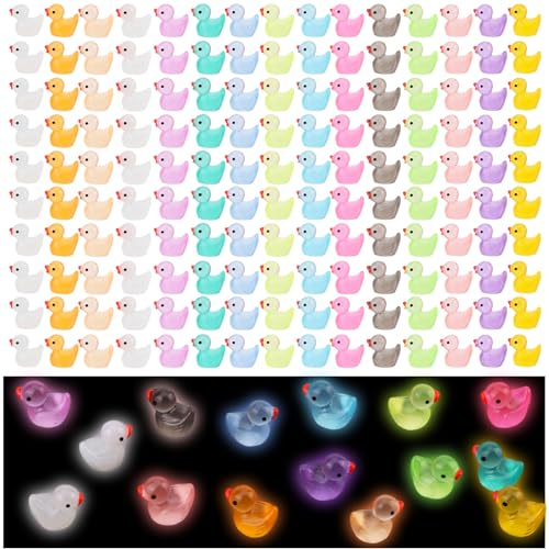 POFIBO Mini Ente Figuren - 150 Stück Mini Leuchtend Enten, Kleine Enten Harz, 15 Farben Mini Ducks für Aquarium, Miniaturgarten Puppenhaus Dekoration
