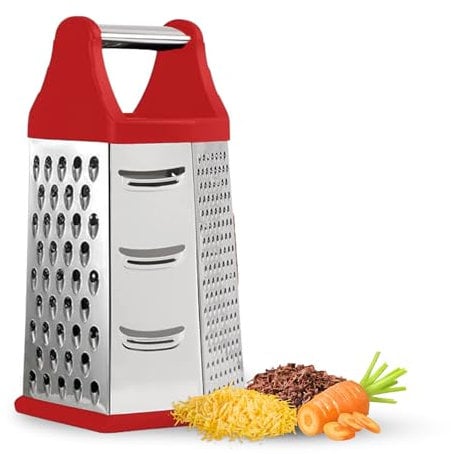 Stainless Steel Cheese Grater with Container - 6-in-1 Nonstick Box Grater w/ 6 Sides - Versatile Cheese Grater with Handle - Use as Cheese Shredder Box,Vegetable Grater, Food Graters for Kitchen (Red)