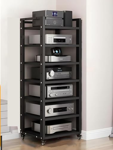 SRNSAEB Hifi Stand Hi Fi Cabinets Audio Equipment Rack Cabinet On Wheels, 4 5 6 7 Tier Heavy Duty Dvd Storage Media Shelf HiFi Racks For Home, Black/White Modern Audio Rack Tower(Black,7-Tier)