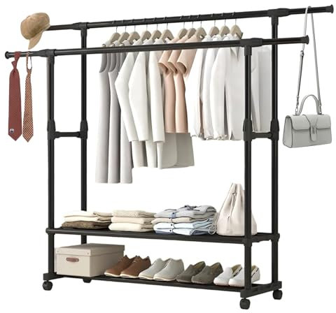 Double cannes à vêtements autoportantes, extensible, sur roulettes, multifonction, en métal, avec 2 compartiments de rangement pour manteaux, sacs, chaussures, bottes