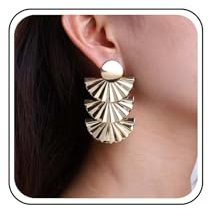 Inateannal Exaggerated Fan Earrings Gold Coin Disc Stud Earrings Metal Fan Shaped Earrings Statement Layered Leaf Drop Earrings Geometric Fan Dangle Earrings Jewelry for Women