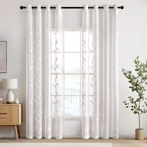 EMEMA Voile Vorhang Wohnzimmer mit Ösen Transparente Blätter Muster Schöne Stickerei Gardinen Fenster Vorhang 2er Set Modern Schlafzimmer Vorhänge Jeder H 160 X B 140 cm Blätter Weiß