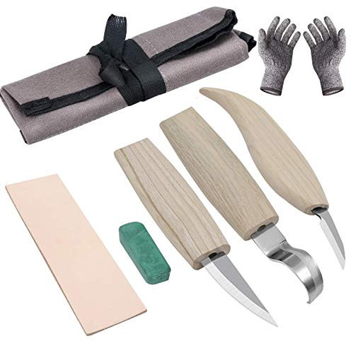 Holzschnitzwerkzeuge, 6-in-1-Schnitzset, Holzschnitzwerkzeug-Set – inklusive Schnitzhakenmesser, Schnitzmesser, Schnitzmesser, Schnitzmesserschärfer für Löffel, Schüsseln und Tassen, Holzbearbeitung