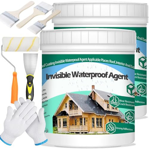 QUKLOGEN 2Kg 70.5Fl.oz Invisible Waterproof Agent Indoor&Outdoor Waterproof Coating Set Transparent Liquid Sealant with Wooden Brush Resistant Work Gloves Putty Shovel Cut Paint Roller