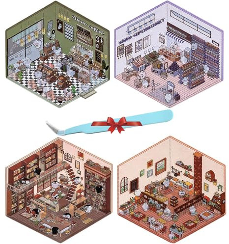 2024 DIY 3D House Stickers, 4 Sets DIY 3D House Stickers, Make Your Own Supermarket|Coffee Shop|Restaurant|Bookstore (4 SETS-A,SMALL)