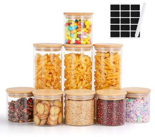 FoiiLiio Lot de 9 Bocaux Rangement en Verre Hermétique,300 ml/800 ml,Bocaux en Verre avec Couvercle en Bambou,Pot en Verre avec Couvercle,Pots de Rangement pour Épice,Spaghetti