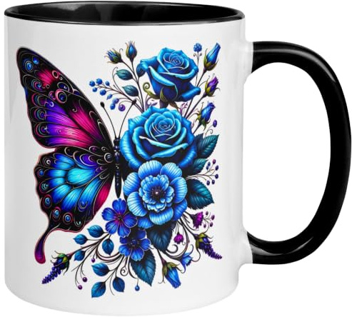 Schmetterling Tasse | Blau Lila Butterfly Rosen Motiv | Blumen Kaffeebecher