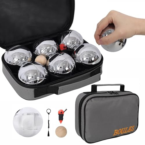 STARZEY Bocce Sets Petanque Game Set, 6 Pcs Official Size Metal Boules Set with Carrying Bag, Outdoor Lawn Game for Beach Backyard Family Party (Gray)