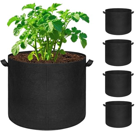 Hemikaki Paquete de 5 bolsas de cultivo de 20 galones, macetas grandes de tela no tejida con asas para plantar frutas, verduras, flores en interiores y exteriores