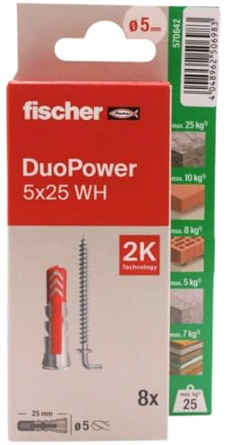 fischer Duopower 5 x 25 mm mit Haken – 8U, Wanddübel aus mehreren Materialien, geeignet zum Aufhängen von Fahrrädern, Bildern, Schränken, Fernsehern, Regalen, Möbeln.