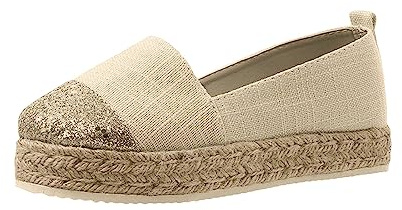 Chaussures à enfiler pour femme - Chaussures d'été - Plateforme en toile - Semelle en lin - Espadrilles fermées à l'avant - Semelle compensée - Légères - Chaussures d'été - Sandales en paille