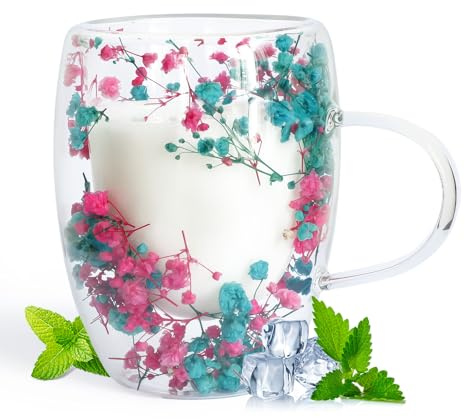 AWSOLAR 350ml Dry Flowers Double Walled Glass Mugs with Handle, Flower Mug Tea Cup for Hot and Cold Drinks, Birthday Gifts for Women Mum Friends Teacher Valentines Mothers Day