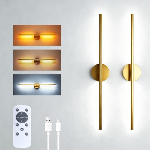 EJUXPSE Battery Operated Wall Sconces, 2 Pack 8000mAh Rechargeable Wall Lights, 3000K-6000K Dimmable Wireless Wall Light with Remote Control, 70CM Gold Wall Lamp for Living Room Bedroom Hallway