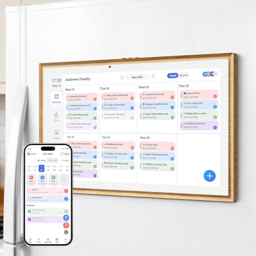 JSUSOU 15.6 Inch Magnetic Fridge Digital Calendar, Teak Wood Grain | Touch Screen Daily Planner, Fridge Wall Desk Triple Mount, Supporting Free Mobile App, Perfect Present For Parents & Children