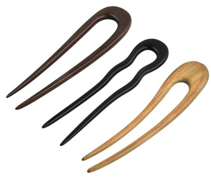 3 Piezas Pasador de Pelo en Forma de U, Juego de Pasadores Franceses, Palillos de Pelo de Madera, 3 Colores, Sujeción Segura para Moños, Ideal para Quotidiano Fiesta Cena