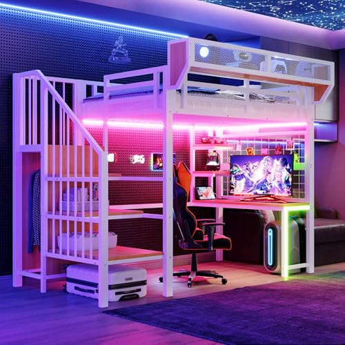 Merax Metall Hochbett 90x200 cm, mit Schreibtisch, Regal, Jugendbett mit Stauraumleiter, LED und Steckdose, multifunktionales für Kinder und Jugendliche, Weiß (ohne Matratze)