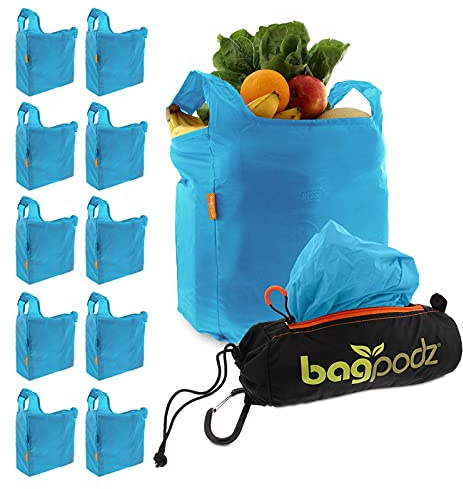 BagPodz Reusable Grocery Bags, Foldable Shopping Bags in Pod, 10 Pack