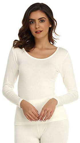 Mcilia Damen Ultradünnes Thermo-Unterhemd aus Modal mit Rundhalsausschnitt und langem Ärmel Elfenbeinweiß Medium (EU 40 42)