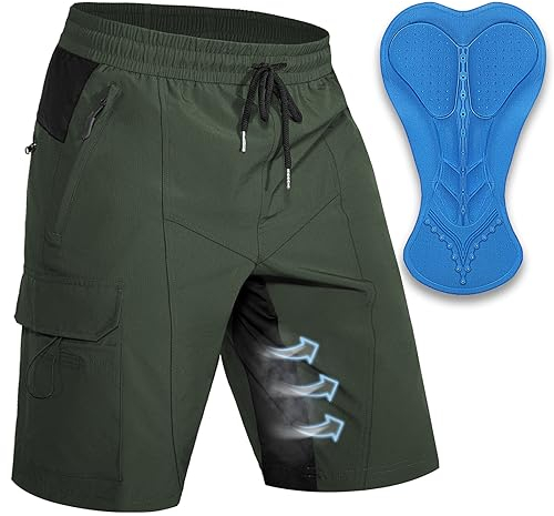 Hiauspor Herren MTB Hose Kurz Gepolstert Mountainbike Hose mit Polster Fahrradhose Herren Atmungsaktiv Radhose Outdoor Schnelltrocknend Radlerhose(Grün,3XL)