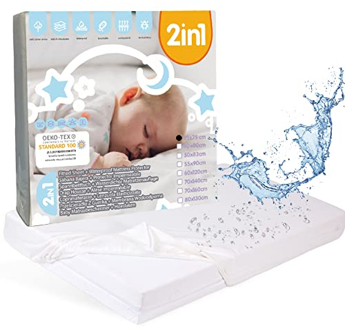 Bisoo 35x75 wasserdichte Spannbettlaken für Kinderwagen Stubenwagen Moseskörbe - Kinderwagen Matratzenbezug - 2in1 Spannbettlaken Matratzenschoner aus 100% Baumwolljersey Öko-Tex - 1 Stück Weiß 75x35