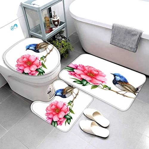 AOLIGL Badezimmermatte Set Blumen Vögel 3D Drucken Frühlingsblumen Grüne Blätter Teppich Badezimmer Badgarnitur 3teilig Mikrofaser Bath mat U-förmigen Contour Matte- WC Vorleger 40 x60
