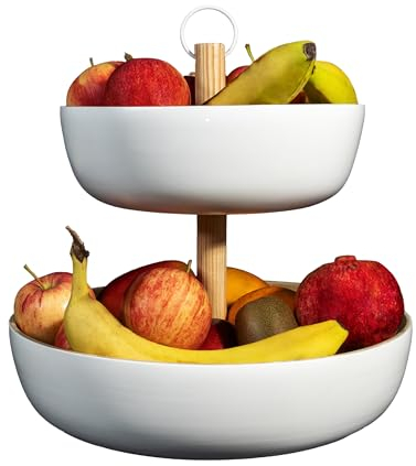 Tiali Frutero de bambú de 2 pisos – Madera para mucho espacio de almacenamiento – Cesta de fruta blanca de bambú natural para frutas frescas – Fruit Basket – Frutero moderno para toda la familia