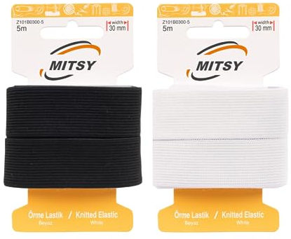 MITSY Cinta elástica resistente para coser, ancha, 30 mm, 10 m, color negro y blanco, para pantalones de goma para el hogar, manualidades, tela para costura (5 m, negro y 5 metros blanco)