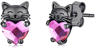 Katzen Ohrringe Mädchen 925 Silber Schwarze Katze Ohrstecker Hypoallergen Kristall Stecker Katzen Schmuck Tier Geschenke für Kinder Damen……
