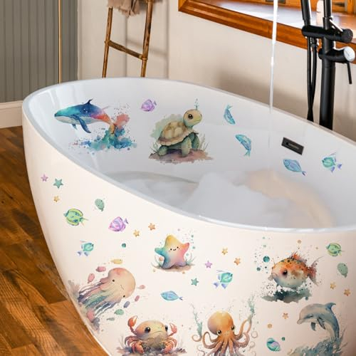 Runtoo Wandtattoo Unter dem Meer Fisch Aquarell Wandsticker Delphin Meeresschildkröte Seetang Wandaufkleber Badezimmer Babyzimmer Kinderzimmer Wanddeko
