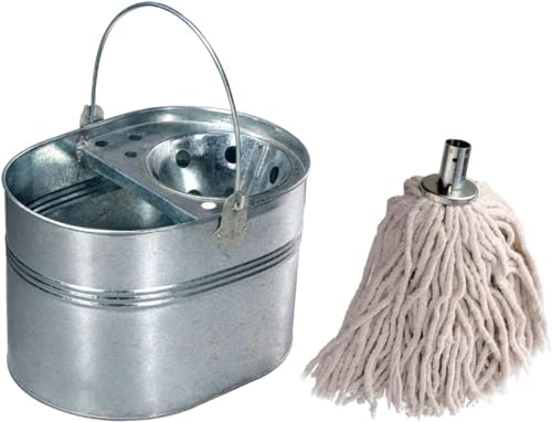 Best House 15 Litres Heavy Duty Industrial Galvanized Steel Metal Mop Bucket + 1 PCS Cotton 16 Ply Metal Socket Mop Head - 250gm For Home Office Commercial Use Mop Heads