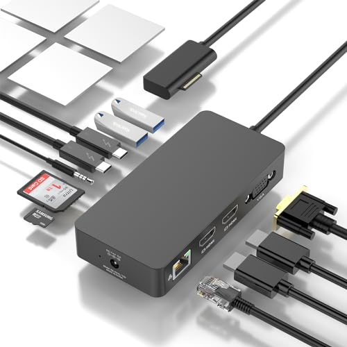 Surface Dock, Surface Docking Station, 12 in 1 Triple Display Microsoft Surface Dock mit 2 HDMI 4K +VGA für Surface Pro 11/10/9/8/X/7/6/5/4/3, Surface Laptop 7/6/5/go/4/3/2/1, Surface Book 3/2/1