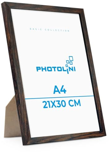 PHOTOLINI Bilderrahmen A4 Holz MDF Eiche Dunkel, DIN A4 Bilderrahmen 21x30 cm, bruchsicheres Acrylglas, picture frame zum Aufhängen & Aufstellen, Rahmen mit Zubehör 30x21 für Fotos & Poster