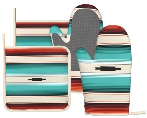 DYCBNESS Mexican Serape Turquoise Oven Mitts Pot Holders Set Silicone Boho Ethnic Striped Kitchen Oven Mitts Heat Resistant Potholders Non-Slip 4pcs Hot Pads and Oven Gloves Sets for Cooking,Grilling