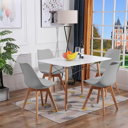 LafeuR Essgruppe Esstisch mit 4 Stühlen, 4er Set Esszimmerstühle und Rechteckig Küchentisch Esszimmergruppe Sitzgruppe für Esszimmer Küche Wohnzimmer Büro(Weiß Tisch + 4 Grau Stuhl)